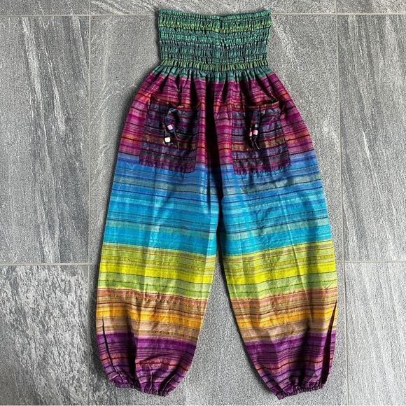 EUC High Waisted Colorful Cotton Ombre Stripe Boho Hippie Granola Girl Pants XS - Picture 2 of 12
